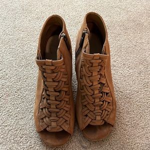 Woven front open toe booties